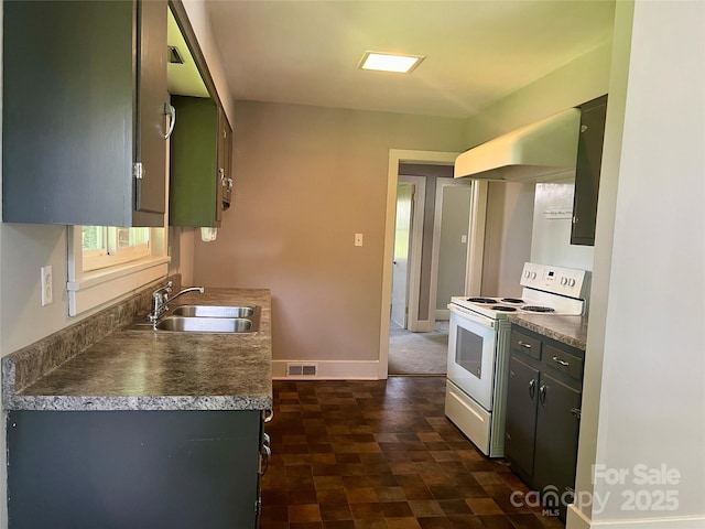 117 Silvercreek Rd, Morganton, NC 28655 - kitchen with white range with electric stovetop, a sink, exhaust hood, baseboards, and dark countertops