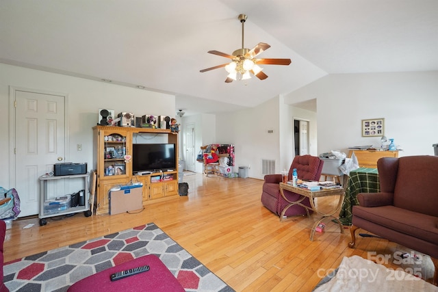 1670 Jamestown Rd, Morganton, NC 28655 - living room with lofted ceiling, a ceiling fan, and light wood-type flooring