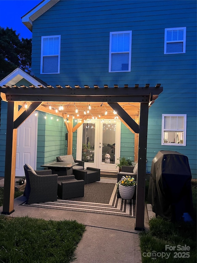 7931 Baylis Dr, Huntersville, NC 28078 - view of patio featuring outdoor lounge area, a pergola, grilling area, and french doors
