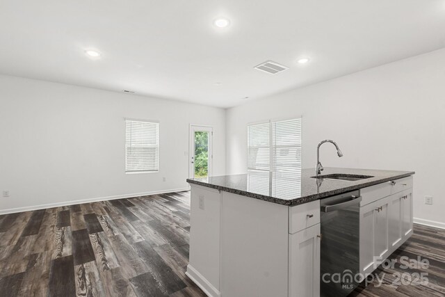 1112 Angle St, Cherryville, NC 28021 - kitchen with a sink, dishwasher, dark stone countertops, dark wood-style floors, and recessed lighting
