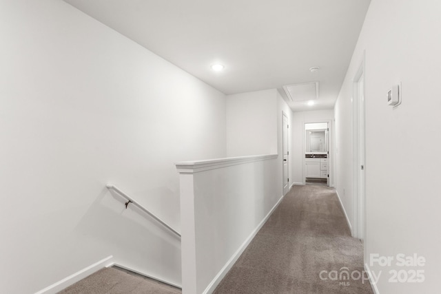 1112 Angle St, Cherryville, NC 28021 - hallway with an upstairs landing, attic access, carpet floors, baseboards, and recessed lighting