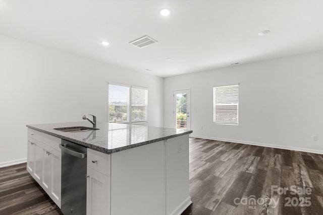 1112 Angle St, Cherryville, NC 28021 - kitchen with a sink, dark wood-type flooring, dark stone counters, white cabinets, and recessed lighting