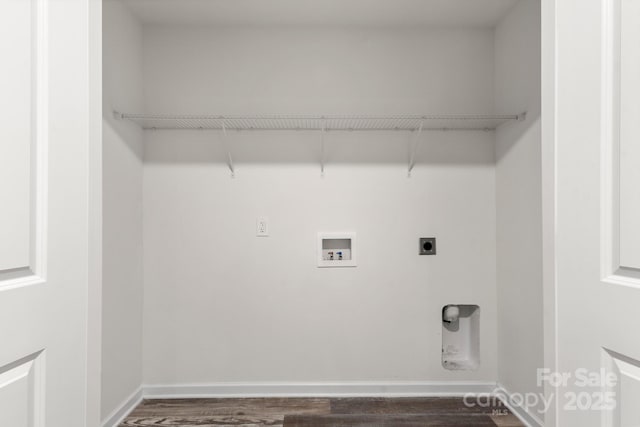 1112 Angle St, Cherryville, NC 28021 - laundry room featuring hookup for an electric dryer, hookup for a washing machine, dark wood-type flooring, and baseboards