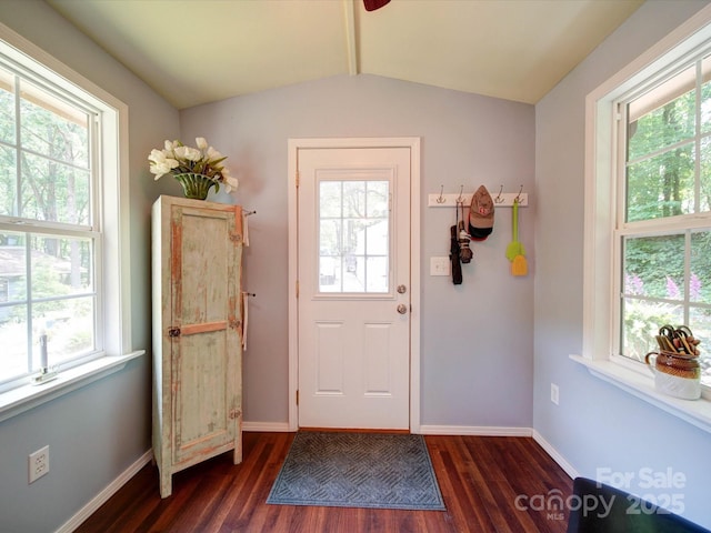 157 Old Hearth Rd, Clover, SC 29710 - doorway to outside featuring lofted ceiling, dark wood-style flooring, and baseboards