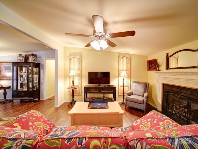 157 Old Hearth Rd, Clover, SC 29710 - living room featuring ceiling fan, wood finished floors, a fireplace, and baseboards