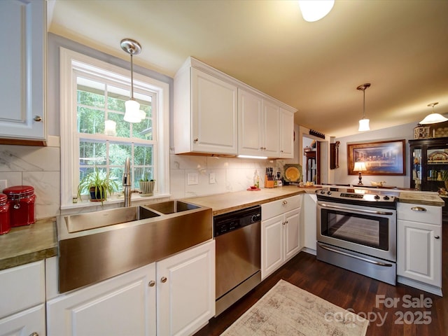 157 Old Hearth Rd, Clover, SC 29710 - kitchen featuring stainless steel appliances, a sink, dark wood finished floors, backsplash, and pendant lighting