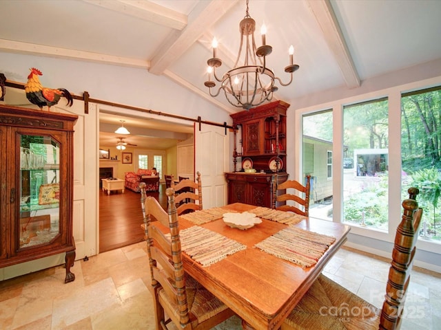 157 Old Hearth Rd, Clover, SC 29710 - dining area featuring stone tile floors, a chandelier, a barn door, and ceiling fan