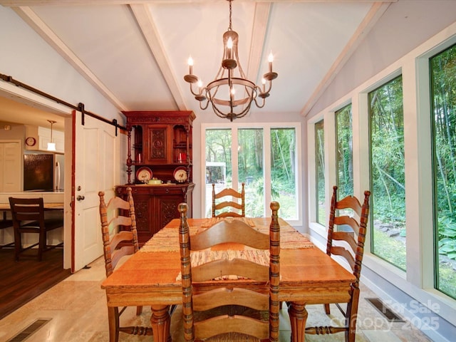 157 Old Hearth Rd, Clover, SC 29710 - dining space with a barn door and a chandelier