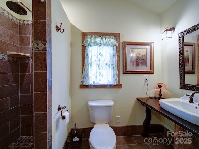 157 Old Hearth Rd, Clover, SC 29710 - bathroom featuring tiled shower, toilet, a sink, baseboards, and lofted ceiling