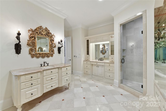 2240 La Maison Dr, Charlotte, NC 28226 - full bathroom with ornamental molding, two vanities, a shower stall, baseboards, and a bath