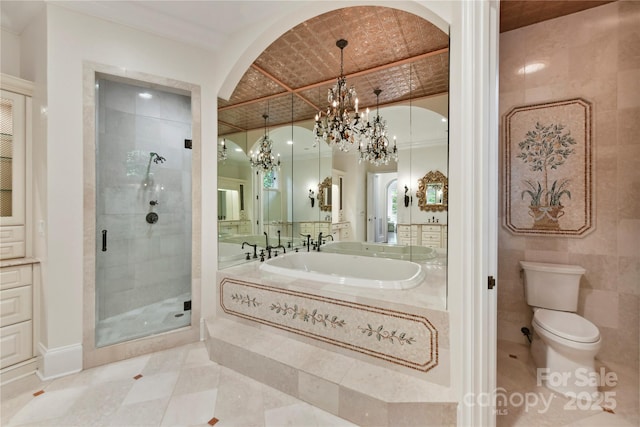 2240 La Maison Dr, Charlotte, NC 28226 - full bath featuring a stall shower, toilet, a chandelier, vanity, and tile patterned floors