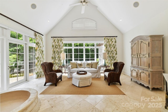 2240 La Maison Dr, Charlotte, NC 28226 - sitting room with high vaulted ceiling, plenty of natural light, ceiling fan, recessed lighting, and light marble finish floors