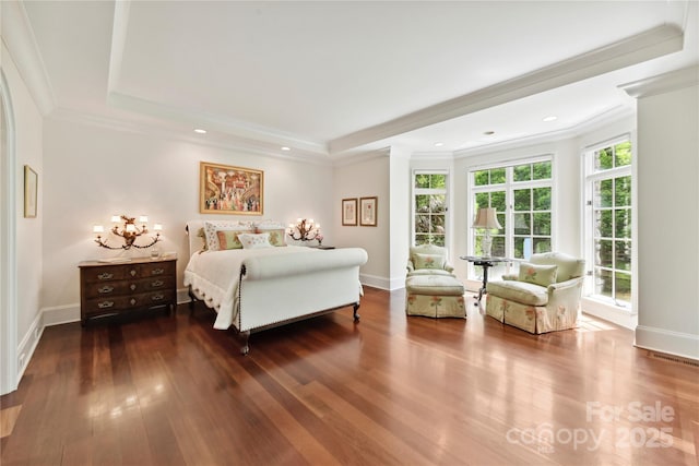 2240 La Maison Dr, Charlotte, NC 28226 - bedroom featuring a raised ceiling, ornamental molding, dark wood finished floors, and recessed lighting