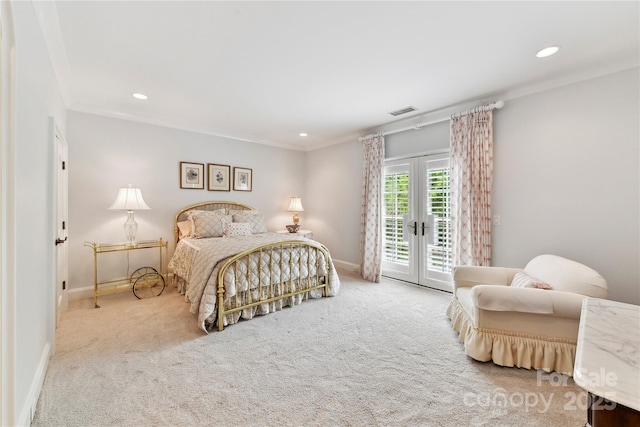 2240 La Maison Dr, Charlotte, NC 28226 - carpeted bedroom featuring access to exterior, french doors, recessed lighting, and ornamental molding