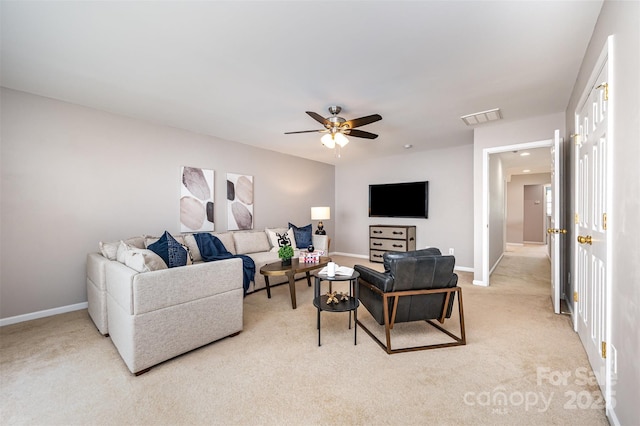 10198 Tintinhull Dr, Fort Mill, SC 29707 - living room featuring light colored carpet, ceiling fan, and baseboards