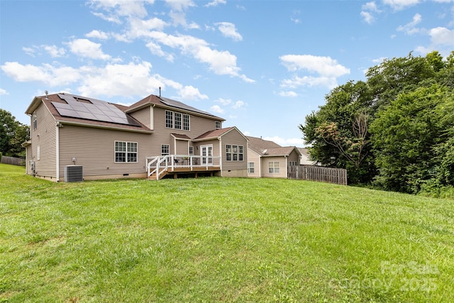 10198 Tintinhull Dr, Fort Mill, SC 29707 - rear view of house with crawl space, central air condition unit, roof mounted solar panels, and a deck