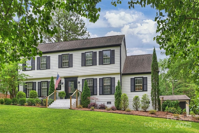 1119 Thornsby Ln, Matthews, NC 28105 - colonial house with a front lawn, a shingled roof, and crawl space