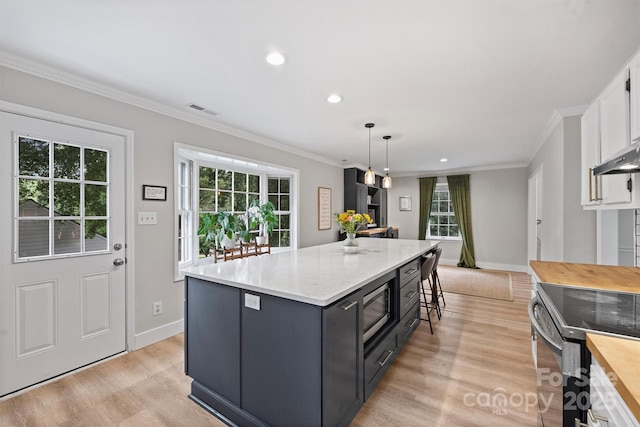 1119 Thornsby Ln, Matthews, NC 28105 - kitchen with butcher block counters, white cabinets, stainless steel appliances, light wood finished floors, and healthy amount of natural light