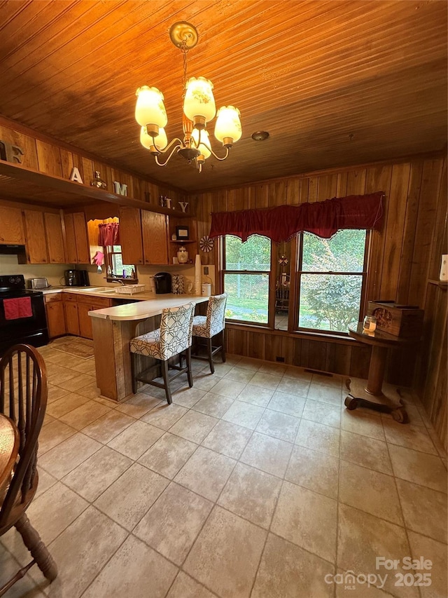 850AND830 E NC-152 Hwy E, China Grove, NC 28023 - kitchen featuring black electric range oven, a chandelier, light countertops, wood ceiling, and wood walls