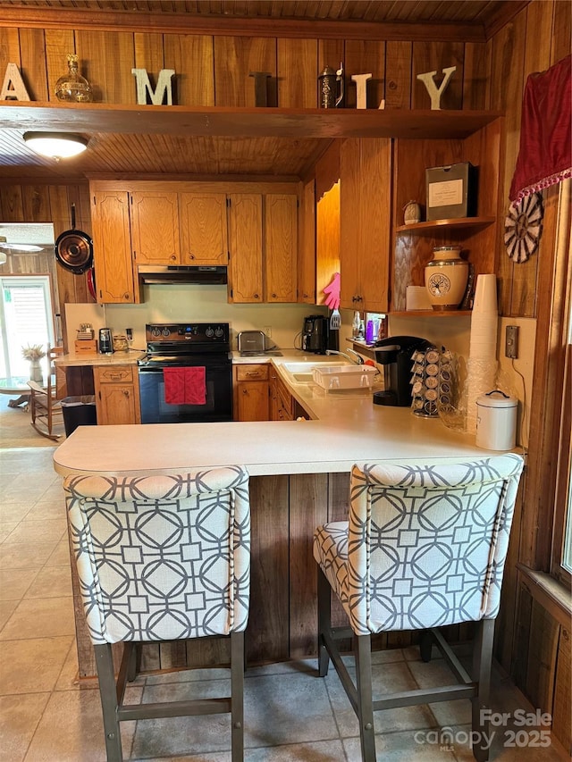850AND830 E NC-152 Hwy E, China Grove, NC 28023 - kitchen with black electric range, under cabinet range hood, light countertops, wooden walls, and wooden ceiling