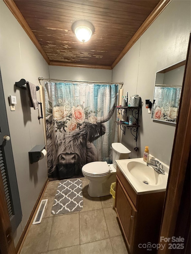 850AND830 E NC-152 Hwy E, China Grove, NC 28023 - bathroom featuring vanity, ornamental molding, wood ceiling, and a shower with curtain