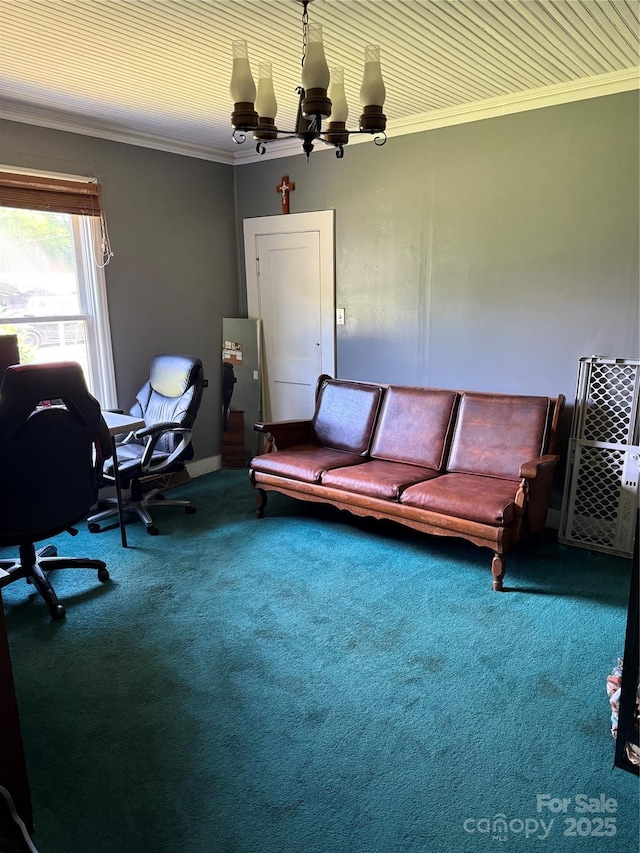 850AND830 E NC-152 Hwy E, China Grove, NC 28023 - living room with a chandelier, carpet, crown molding, and an office area