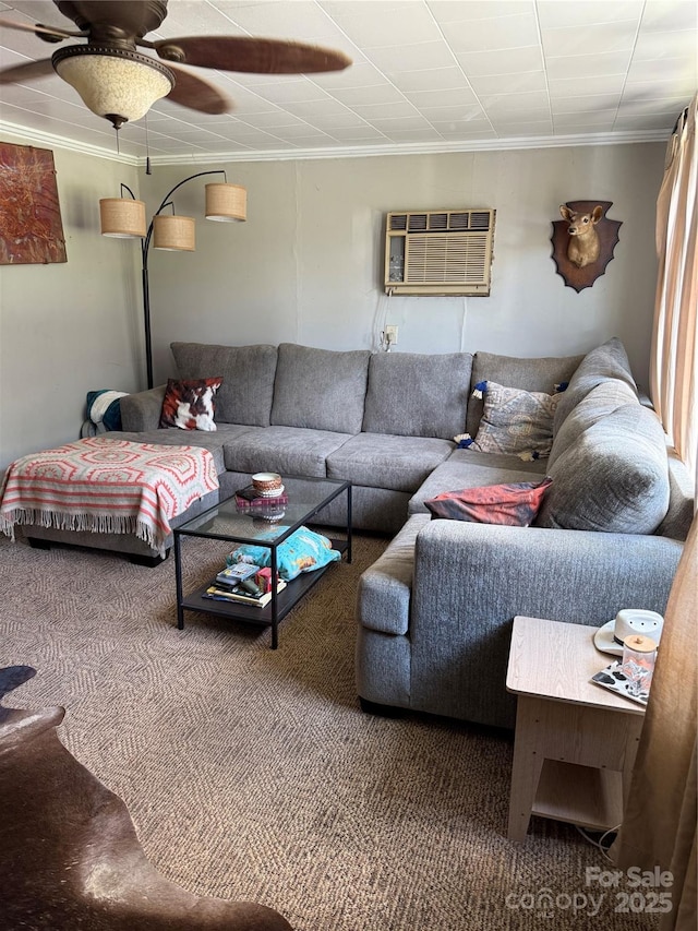 850AND830 E NC-152 Hwy E, China Grove, NC 28023 - living area featuring ornamental molding, a wall mounted air conditioner, a ceiling fan, and carpet floors
