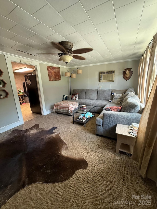 850AND830 E NC-152 Hwy E, China Grove, NC 28023 - living area with carpet, a wall mounted AC, crown molding, and a ceiling fan