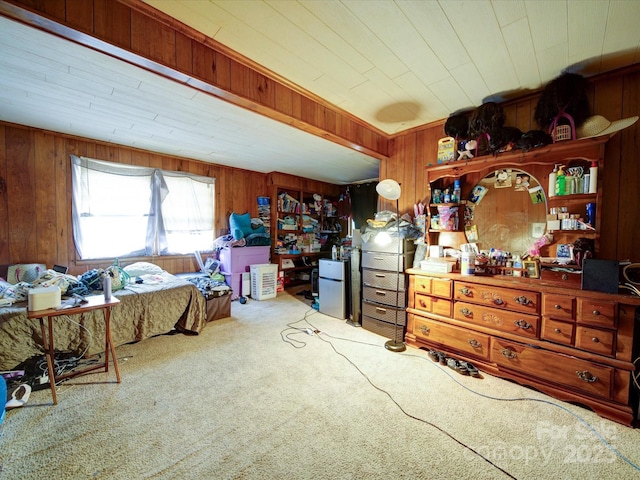 121 Patrick St, Gastonia, NC 28054 - carpeted bedroom featuring wooden walls and freestanding refrigerator