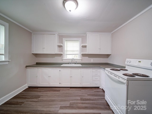 121 Patrick St, Gastonia, NC 28054 - kitchen featuring electric range, a sink, open shelves, white cabinets, and ornamental molding