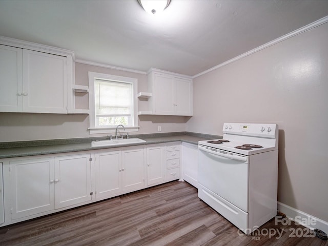 121 Patrick St, Gastonia, NC 28054 - kitchen featuring white range with electric cooktop, a sink, open shelves, white cabinets, and ornamental molding