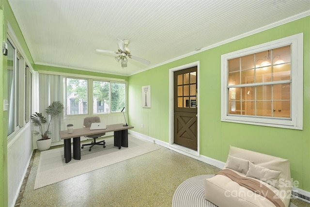 1961 Runnymede Ln, Charlotte, NC 28211 - office space featuring ornamental molding, baseboards, speckle patterned floor, and ceiling fan