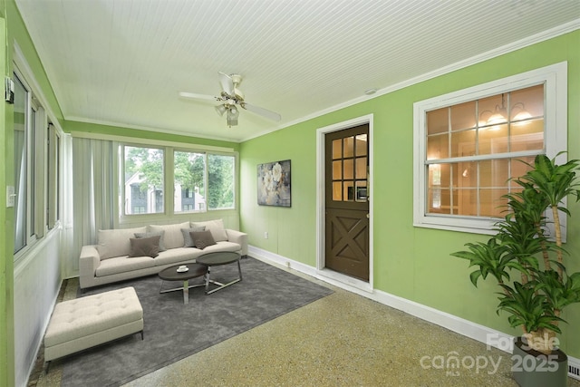 1961 Runnymede Ln, Charlotte, NC 28211 - living room with crown molding, baseboards, ceiling fan, and speckle patterned floor