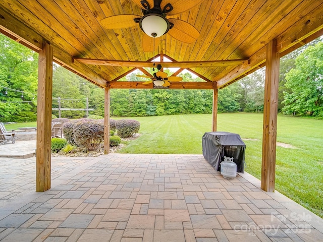 1060 S Lentz Harness Shop Rd, Mount Pleasant, NC 28124 - view of patio featuring ceiling fan, grilling area, and view of wooded area