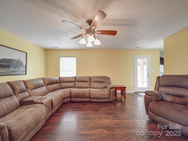 1060 S Lentz Harness Shop Rd, Mount Pleasant, NC 28124 - living room featuring healthy amount of natural light, a textured ceiling, wood finished floors, a ceiling fan, and baseboards