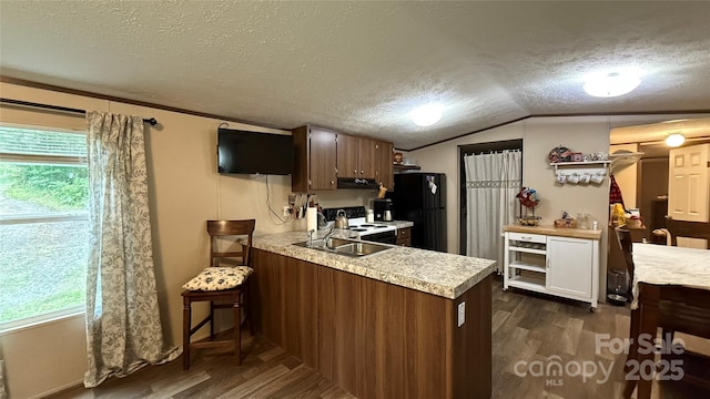 143 Hamilton Rd, Rutherfordton, NC 28139 - kitchen with freestanding refrigerator, light countertops, under cabinet range hood, a textured ceiling, and dark wood-style floors
