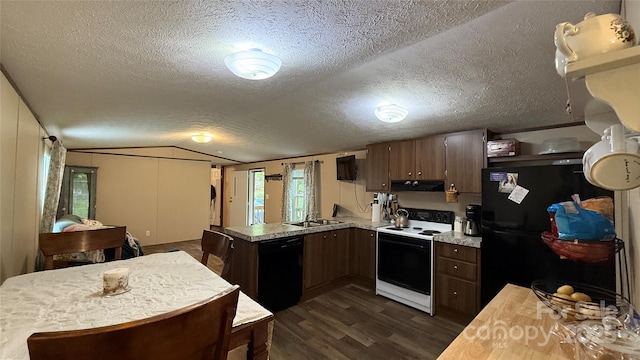 143 Hamilton Rd, Rutherfordton, NC 28139 - kitchen with electric stove, black dishwasher, refrigerator, under cabinet range hood, and dark wood-type flooring
