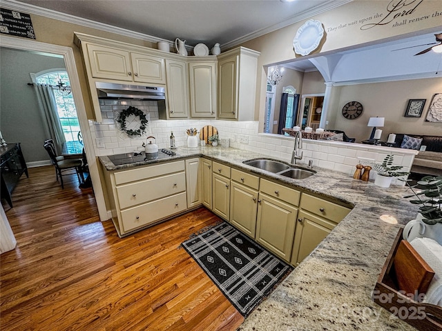 3273 16th St NE, Hickory, NC 28601 - kitchen featuring under cabinet range hood, a sink, cream cabinetry, ornamental molding, and decorative backsplash
