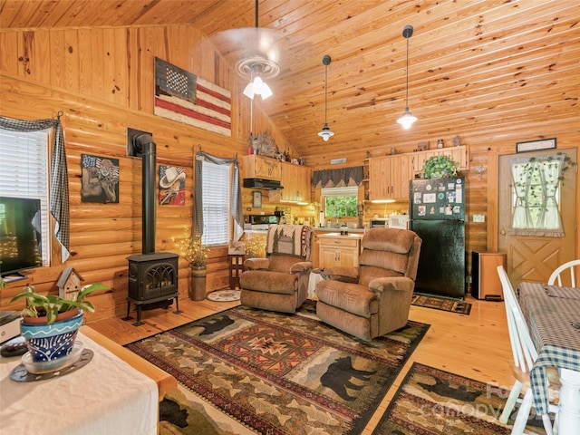 125 Cypress Ln, Saluda, NC 28773 - living area with light wood-style flooring, wooden ceiling, a wood stove, and high vaulted ceiling