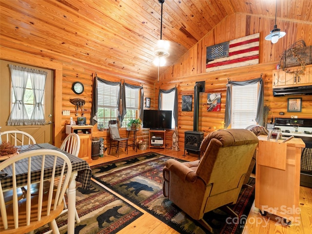 125 Cypress Ln, Saluda, NC 28773 - living room with a wood stove, hardwood / wood-style flooring, wood ceiling, rustic walls, and high vaulted ceiling