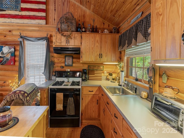125 Cypress Ln, Saluda, NC 28773 - kitchen featuring gas stove, under cabinet range hood, a sink, wooden ceiling, and vaulted ceiling