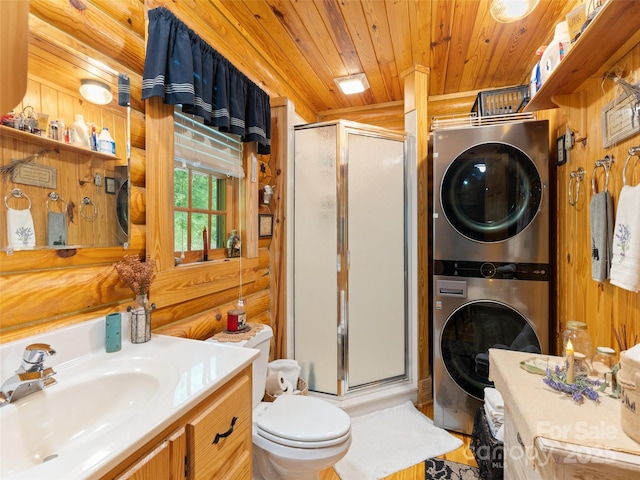 125 Cypress Ln, Saluda, NC 28773 - full bath with stacked washer / drying machine, wood ceiling, a stall shower, vanity, and toilet