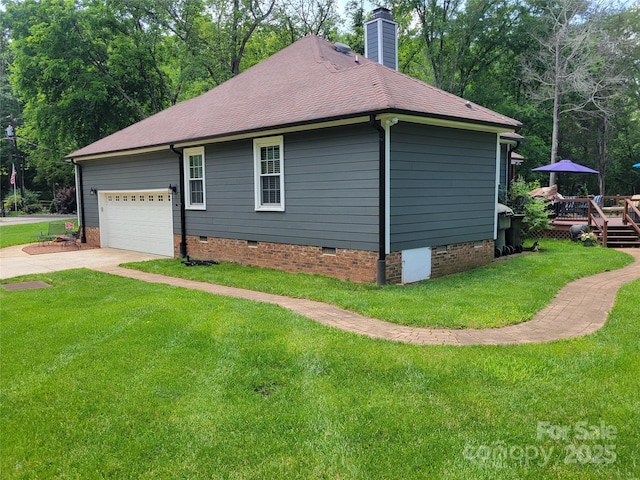 2777 Old S Ct NW, Concord, NC 28027 - view of side of home featuring crawl space, driveway, a chimney, a wooden deck, and a lawn