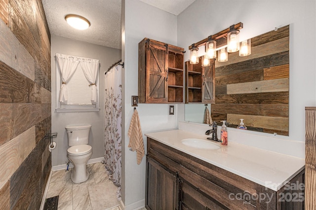 310 Yarbro Rd, Kings Mountain, NC 28086 - bathroom with vanity, toilet, a textured ceiling, curtained shower, and marble finish floors
