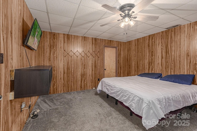 310 Yarbro Rd, Kings Mountain, NC 28086 - bedroom featuring carpet flooring, wooden walls, and ceiling fan
