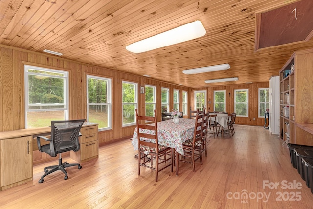 310 Yarbro Rd, Kings Mountain, NC 28086 - dining space featuring wood ceiling, wooden walls, light wood-type flooring, and an office area