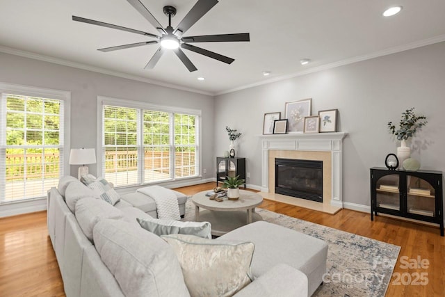11139 Tradition View Dr, Charlotte, NC 28269 - living area with plenty of natural light, ceiling fan, a fireplace with flush hearth, wood finished floors, and ornamental molding