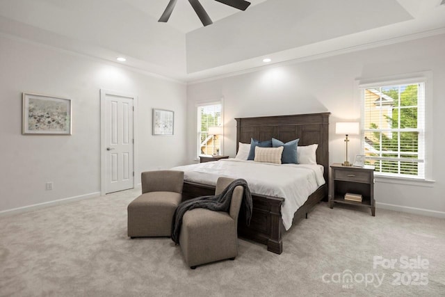 11139 Tradition View Dr, Charlotte, NC 28269 - bedroom with a tray ceiling, multiple windows, light colored carpet, crown molding, and recessed lighting