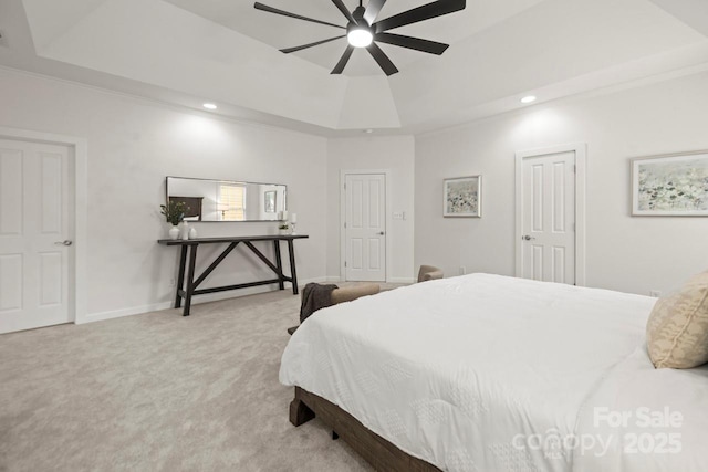 11139 Tradition View Dr, Charlotte, NC 28269 - carpeted bedroom with a tray ceiling, recessed lighting, a ceiling fan, and baseboards