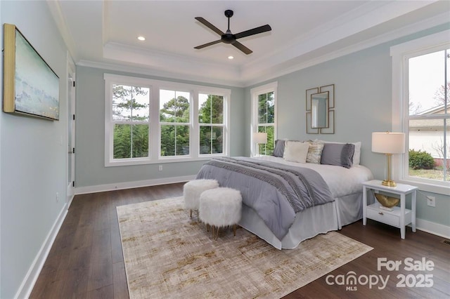 332 Canvasback Rd, Mooresville, NC 28117 - bedroom with a raised ceiling, crown molding, dark wood-style flooring, baseboards, and recessed lighting